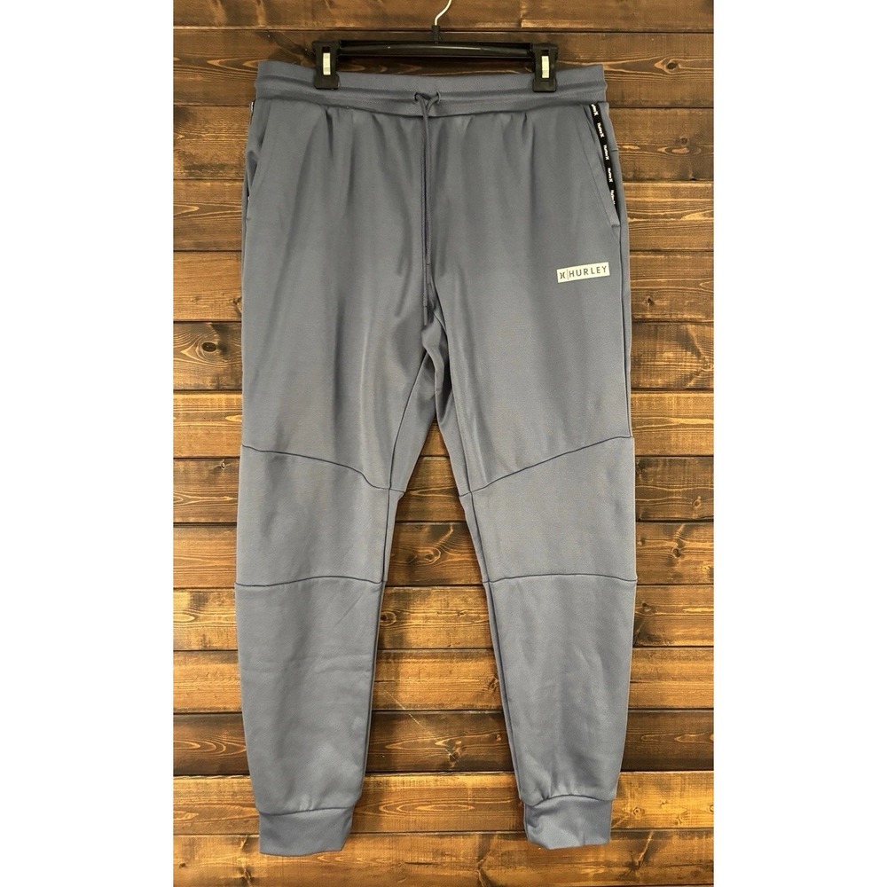 Hurley Men's Size L Fleece Joggers Sweatpants Blue Grey Taped Pocket Logo Cuffed